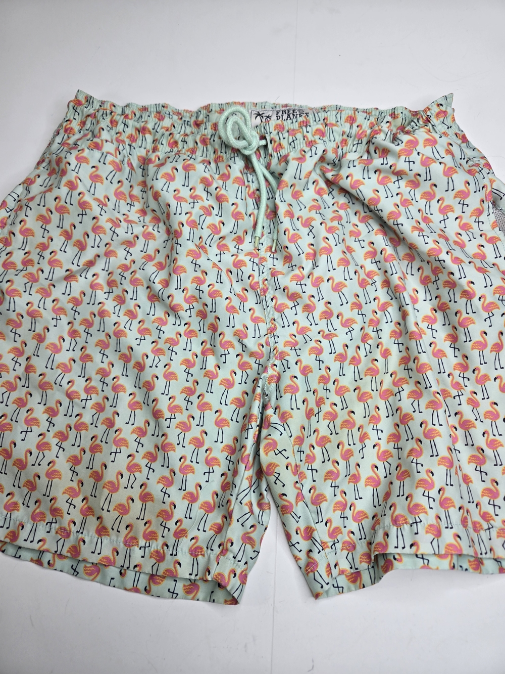 Free Planet Mint Green Swim Shorts with Pink and Yellow Flamingo Print
